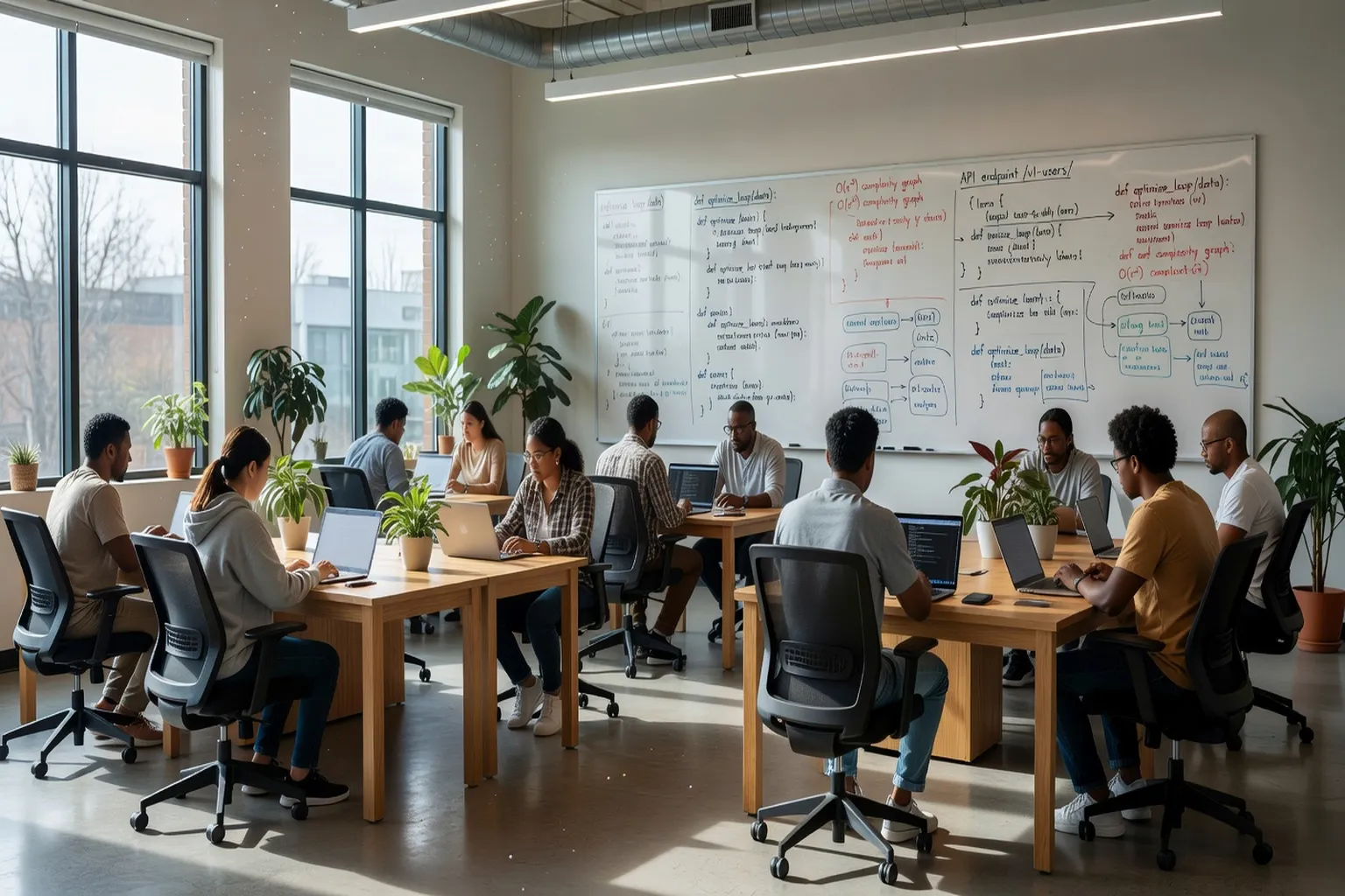 Salle de bootcamp moderne avec etudiants devant leurs ordinateurs portables et formateur au tableau