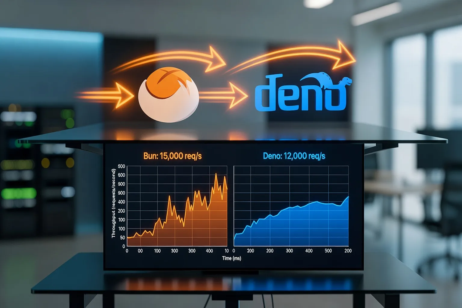 Comparaison visuelle des runtimes Bun et Deno avec graphiques de performance et flech de croissance