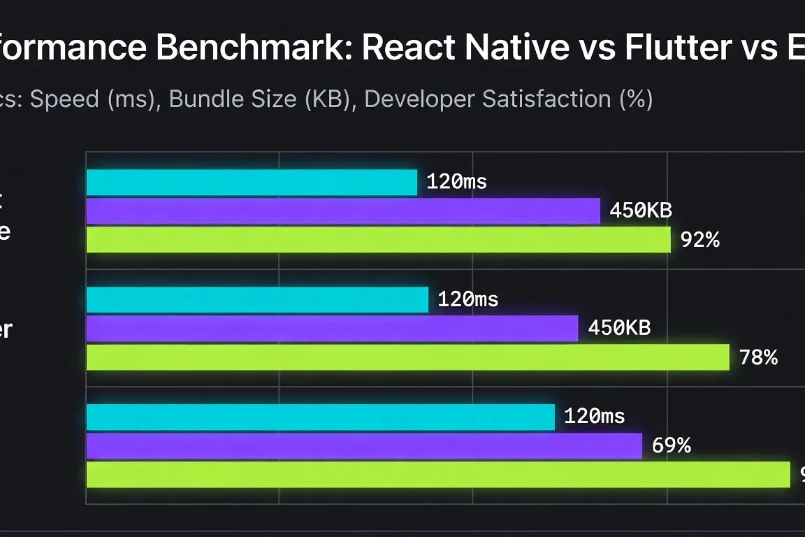Graphique de performance comparant React Native, Flutter et Expo sur vitesse, taille et satisfaction développeur
