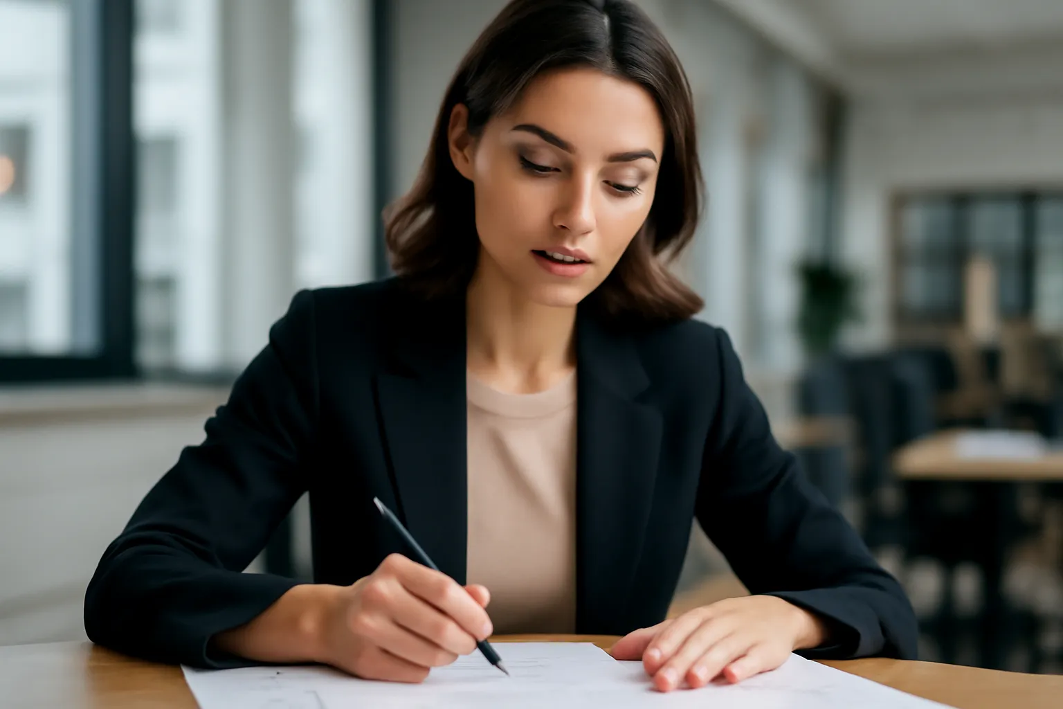 Conceptrice de bases de données dessinant un modèle entité-association sur une feuille à son bureau