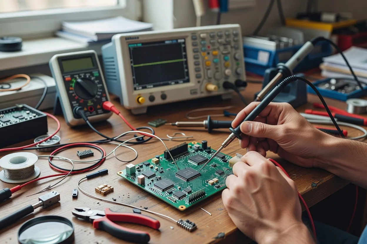 Ingénieur firmware analysant une carte électronique et un microcontrôleur en laboratoire