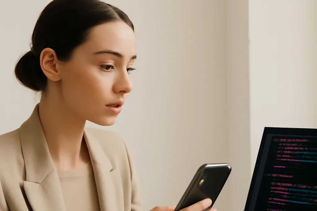 Développeuse iOS élégante tenant un iPhone en consultant du code Swift sur un ordinateur portable