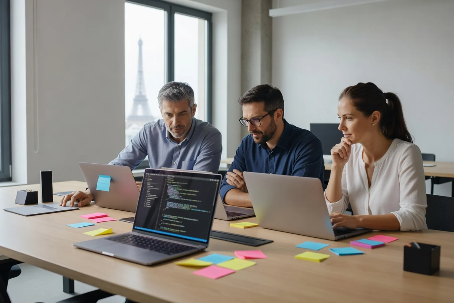 Équipe de développeurs en revue de code autour d'une table, écrans montrant des graphiques de performance sans texte lisible