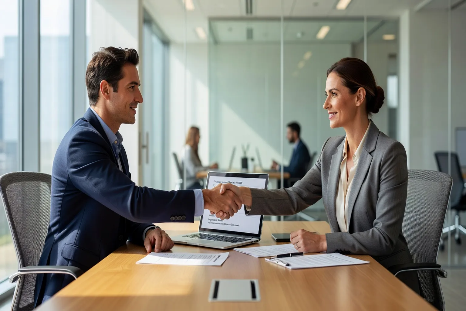 Poignee de main professionnelle dans un bureau moderne lors d'une negociation salariale