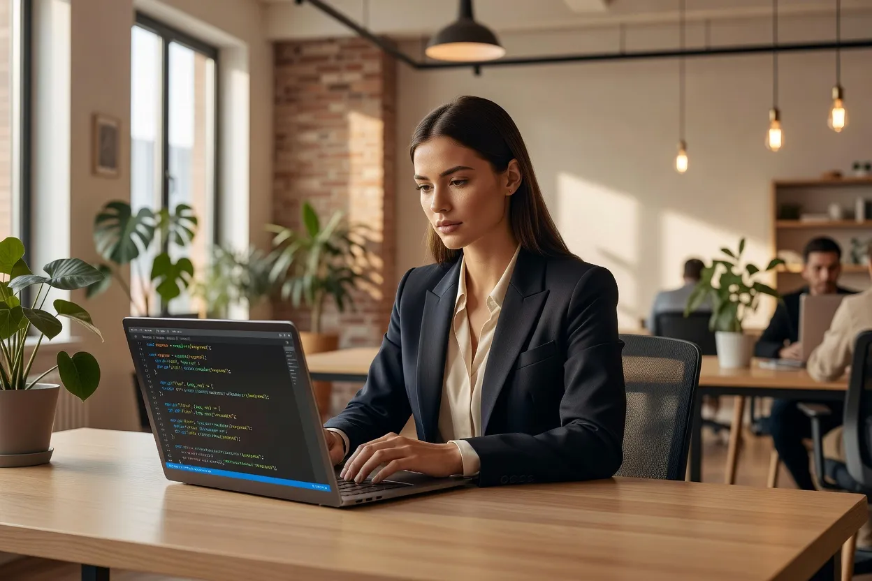 Développeuse travaillant sur un ordinateur portable avec du code Node.js affiché à l'écran dans un espace de coworking lumineux