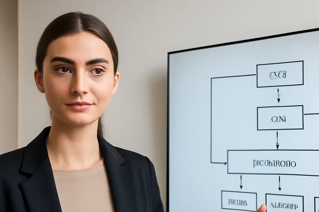 Développeuse pointant un diagramme d'architecture de données sur un écran mural dans une salle de réunion