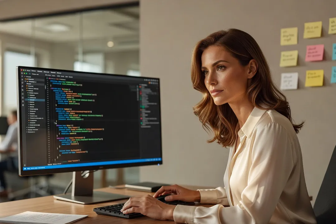 Développeuse mobile examinant le code d'une application React Native en cours de migration sur un grand écran