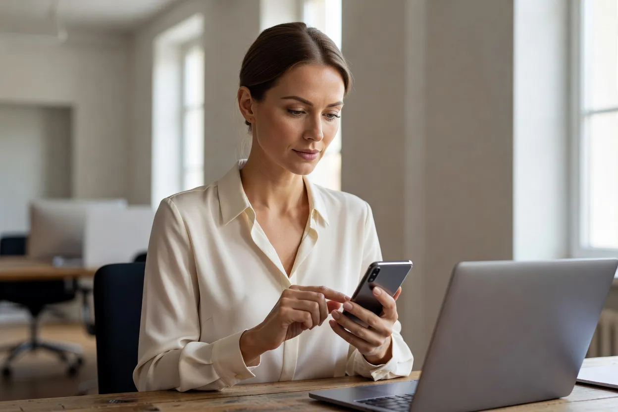 Ingénieure logicielle testant une application mobile React Native sur un smartphone physique posé à côté de son poste de travail