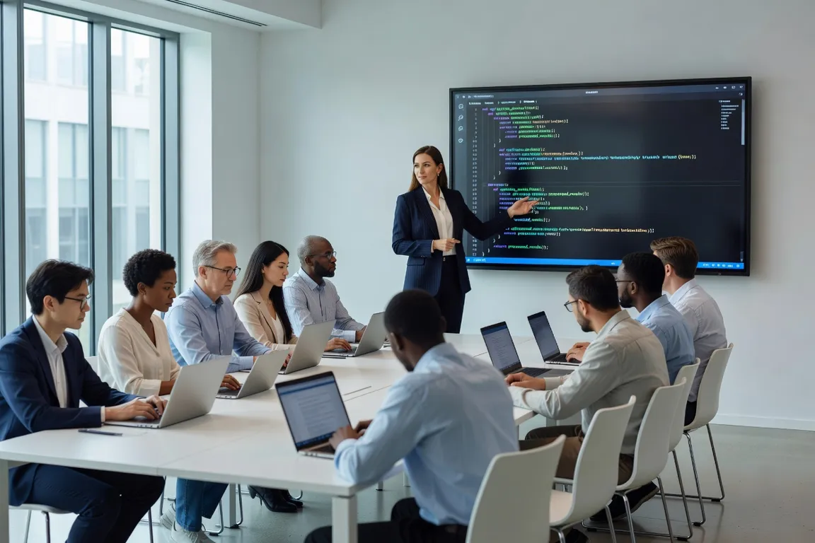 Formatrice en informatique expliquant du code à un groupe d'apprenants adultes en salle de formation