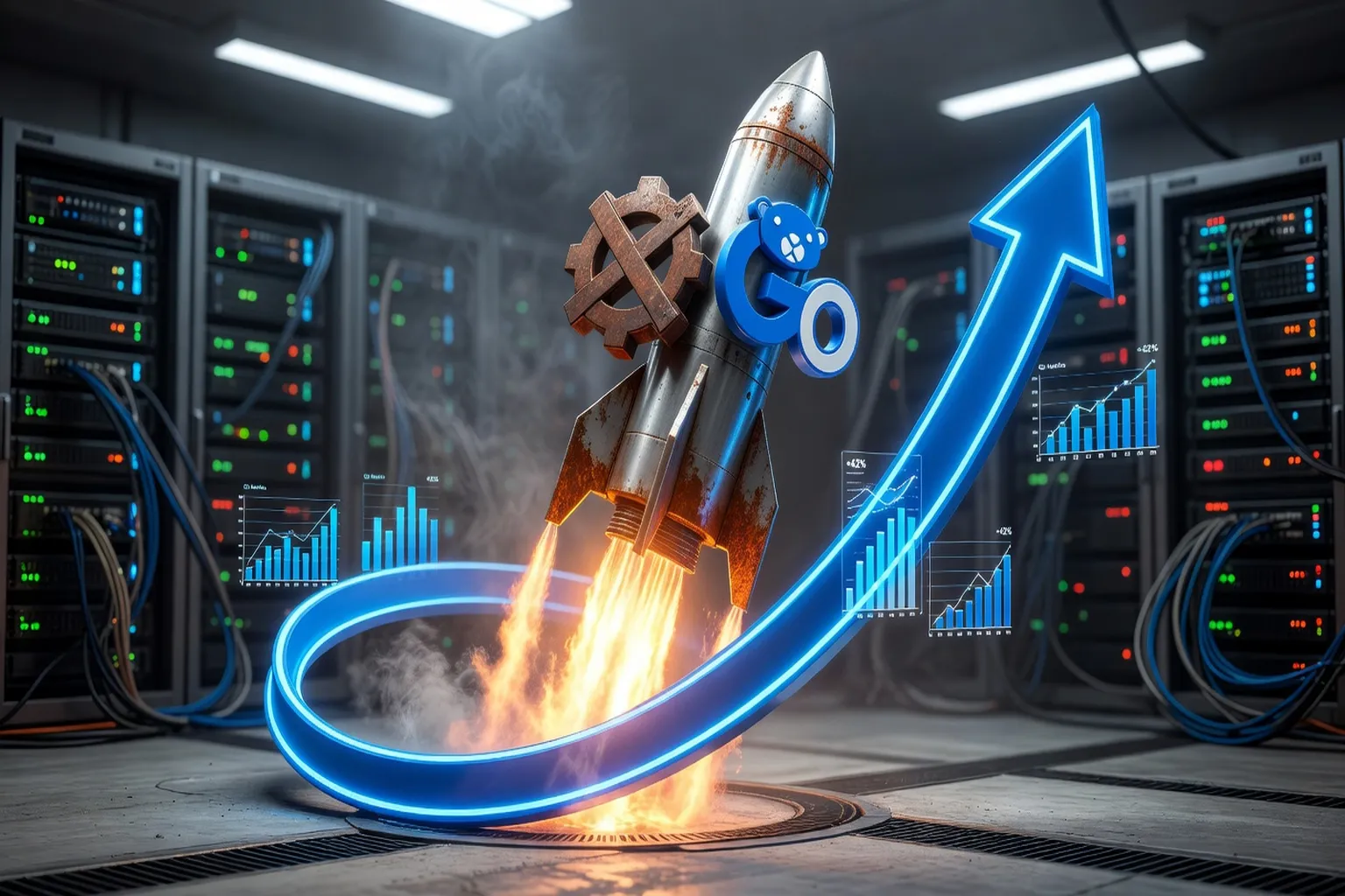 Logos des langages Rust et Go avec effet visuel de croissance et d'explosion sur fond tech