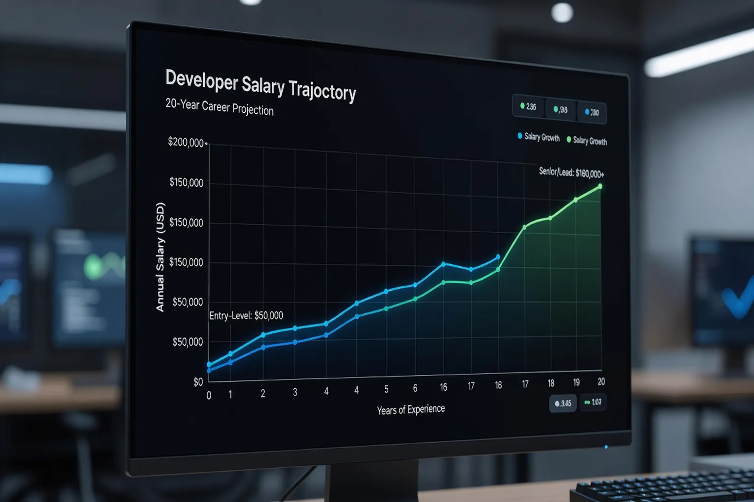Graphique d'evolution du salaire d'un programmeur sur 20 ans de carriere en France