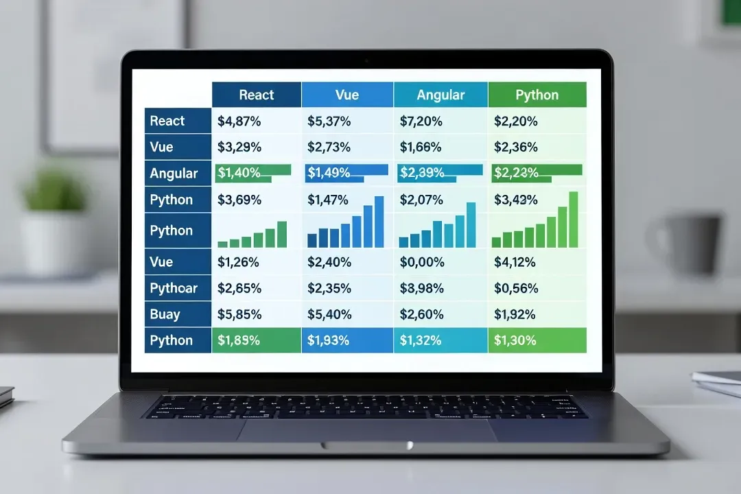 Tableau de données comparatif des salaires développeurs React, Vue, Angular, Python sur écran, style tech moderne