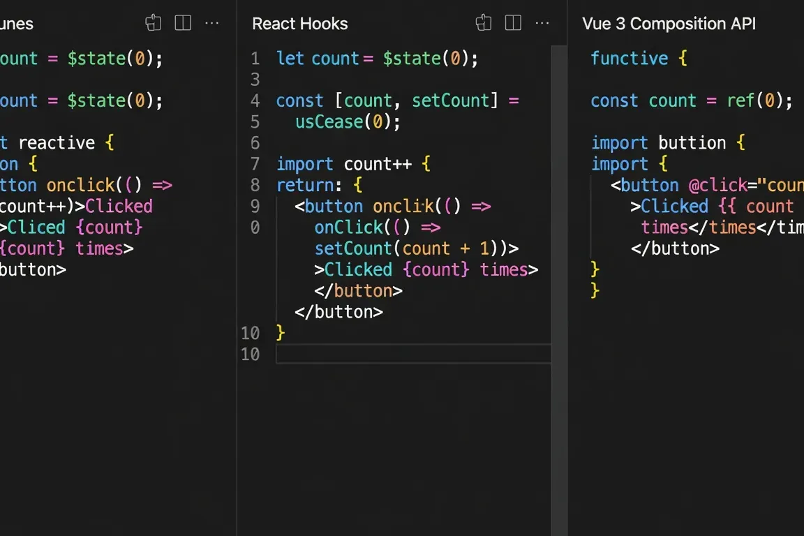 Comparaison côte à côte du code Svelte 5 Runes vs React Hooks vs Vue 3 Composition API
