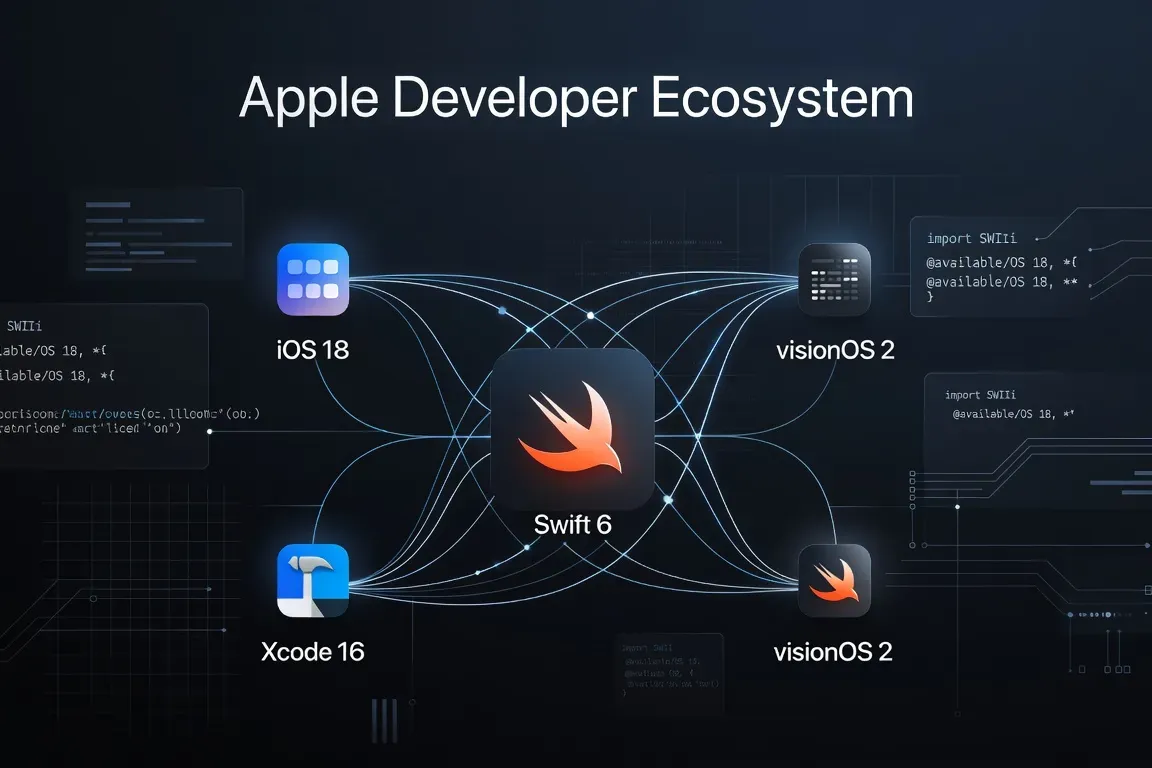 Diagramme de l'écosystème Apple developer : Swift 6, iOS 18, visionOS 2, Xcode 16