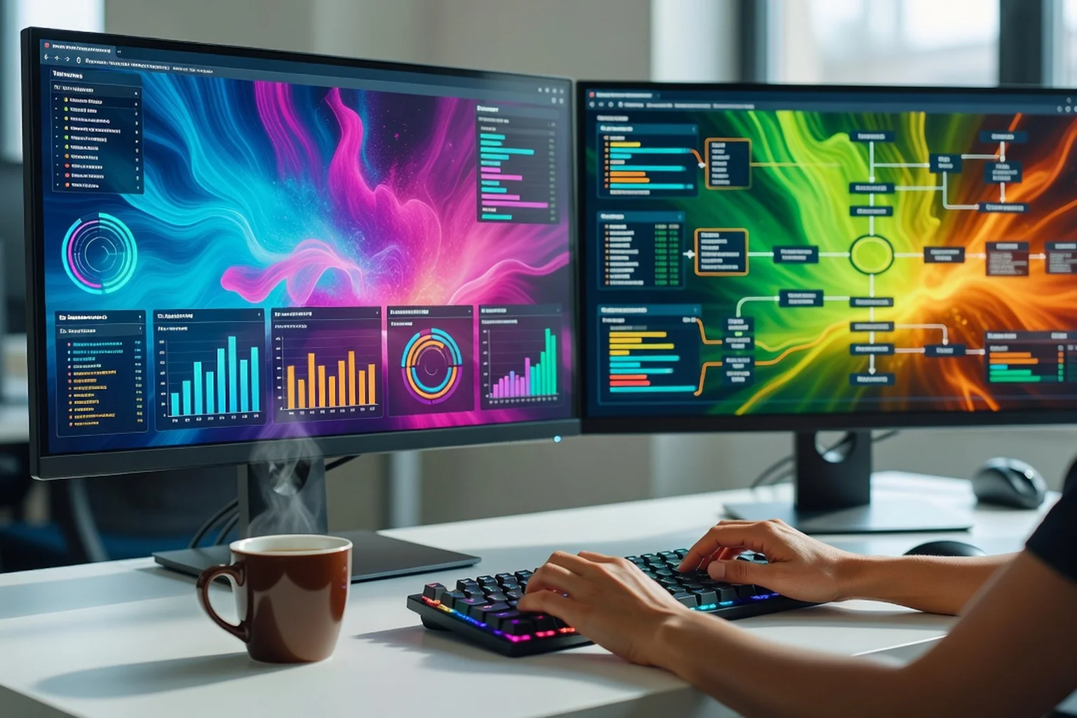 Testeuse QA travaillant sur deux écrans affichant des interfaces de tests logiciels