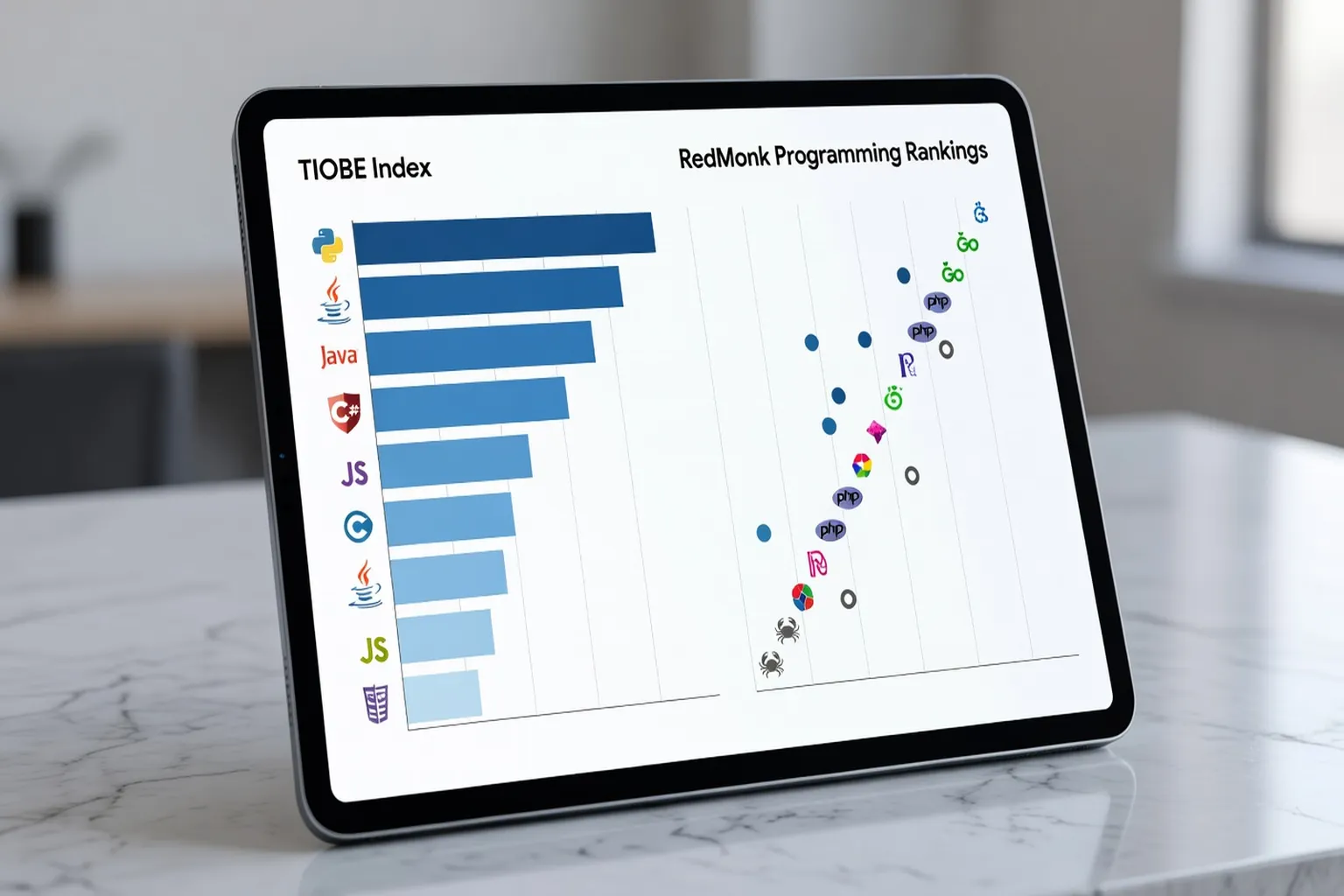 Graphique comparatif des classements TIOBE et RedMonk 2026 des langages de programmation