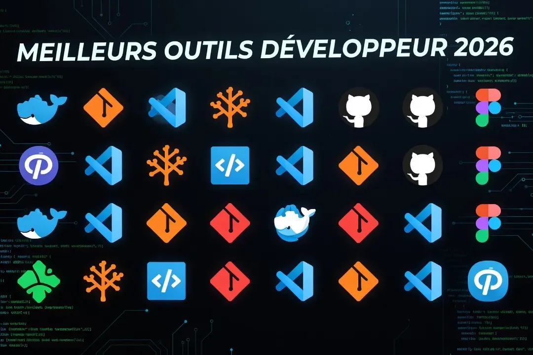 Grille d'icônes des 20 meilleurs outils développeur 2026 : Docker, Git, Postman, Figma, Cursor, fond tech sombre