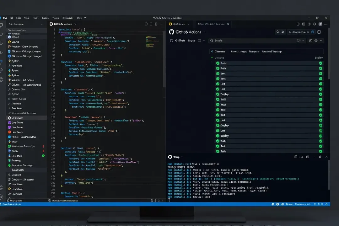 Capture d'écran stylisée montrant VS Code avec extensions, GitHub Actions pipeline, terminal Warp en 2026