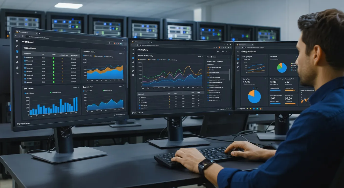 Dashboard AWS console avec métriques et graphiques de surveillance d'infrastructure cloud
