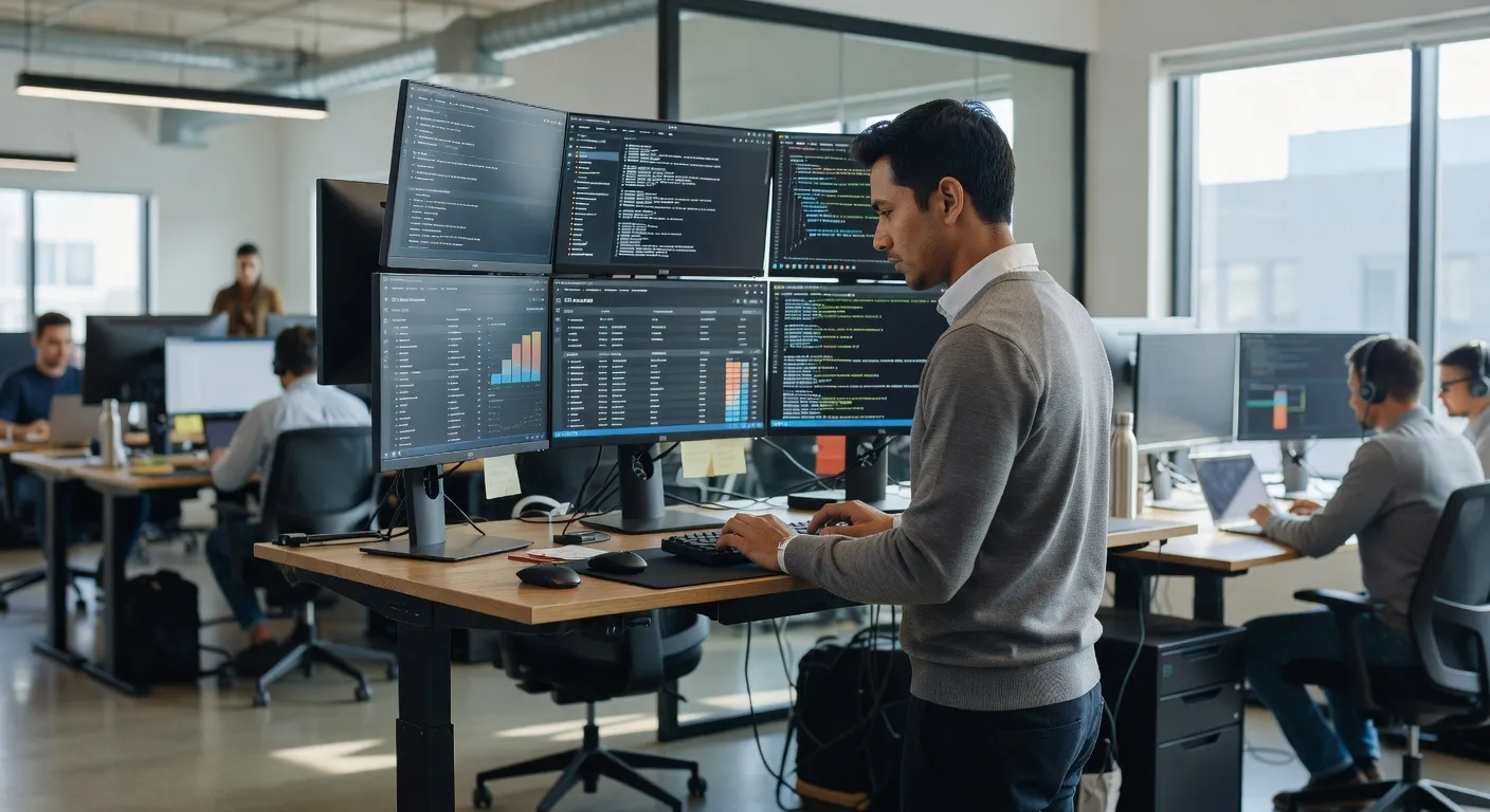 Ingénieur DevOps travaillant sur son ordinateur portable avec des terminaux et des dashboards cloud