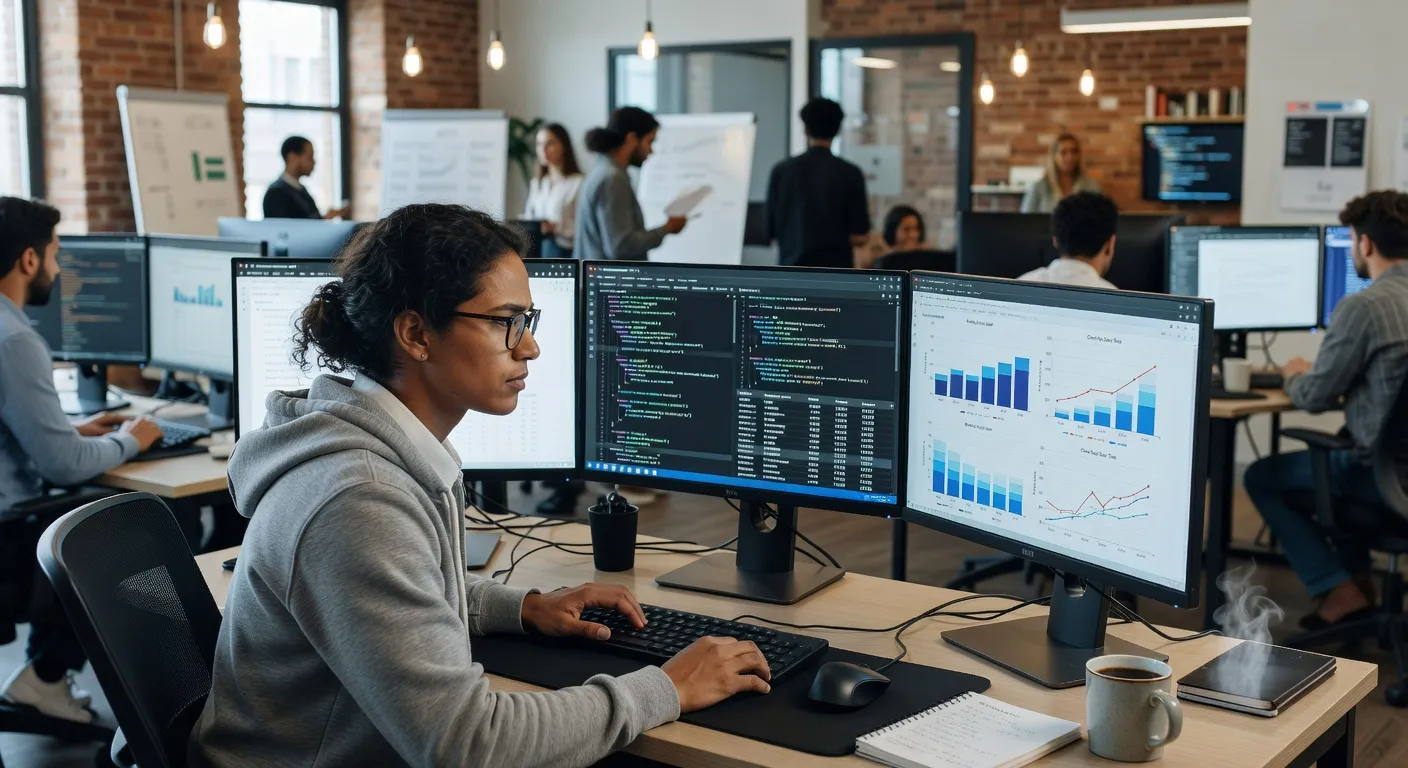 Data scientist travaillant sur Python avec des graphiques de données sur plusieurs écrans