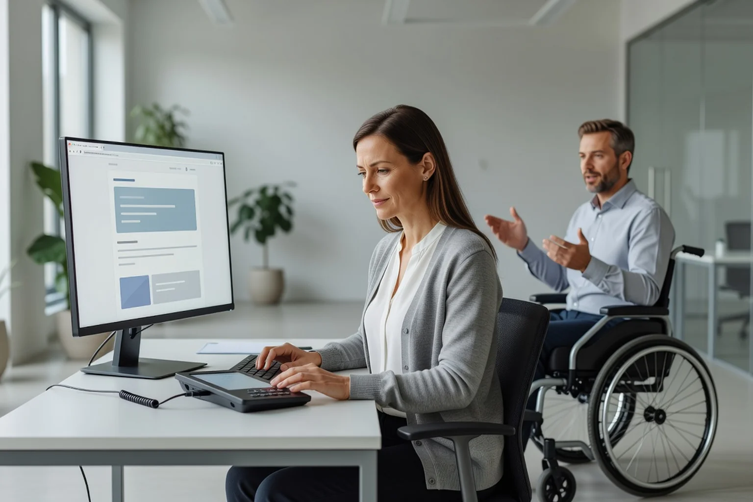Développeuse front-end testant son site web avec un collègue en fauteuil roulant