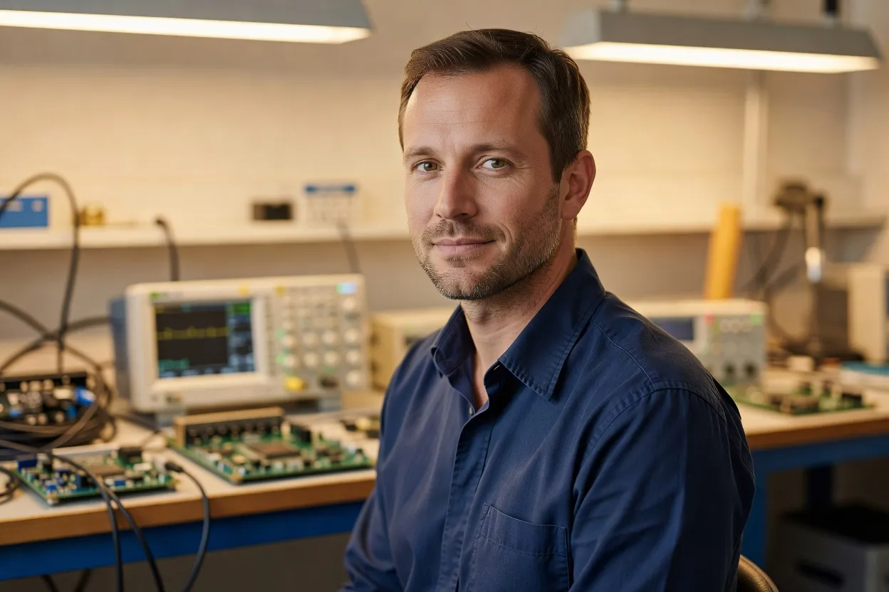 Thomas Vergne, ingénieur firmware senior, devant un banc de test de cartes électroniques à Grenoble