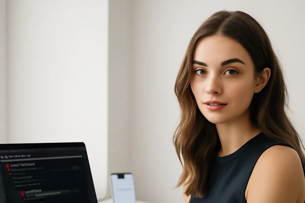 Développeuse iOS élégante tenant un iPhone en consultant du code Swift sur un ordinateur portable