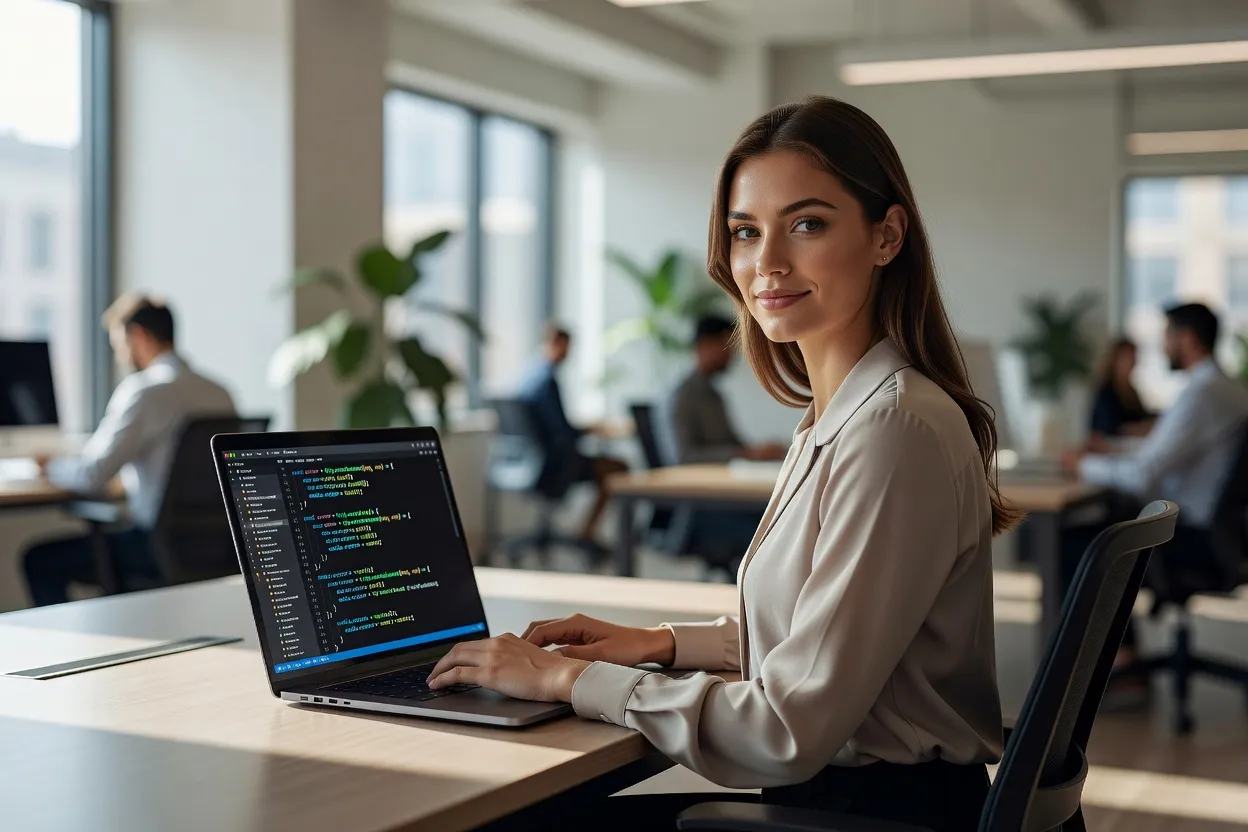 Développeuse souriante travaillant sur du code Node.js dans un espace de coworking lumineux