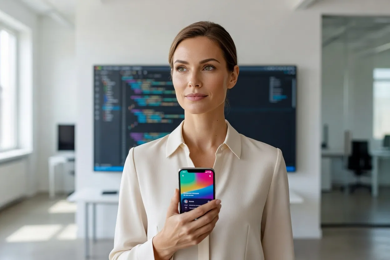 Développeuse mobile présentant une application React Native sur un smartphone dans un studio logiciel