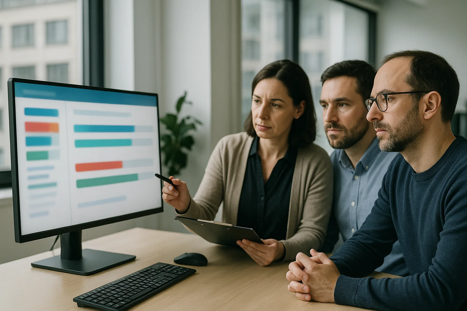 Équipe qualité logicielle réunie autour d'un écran affichant un tableau de bord de tests
